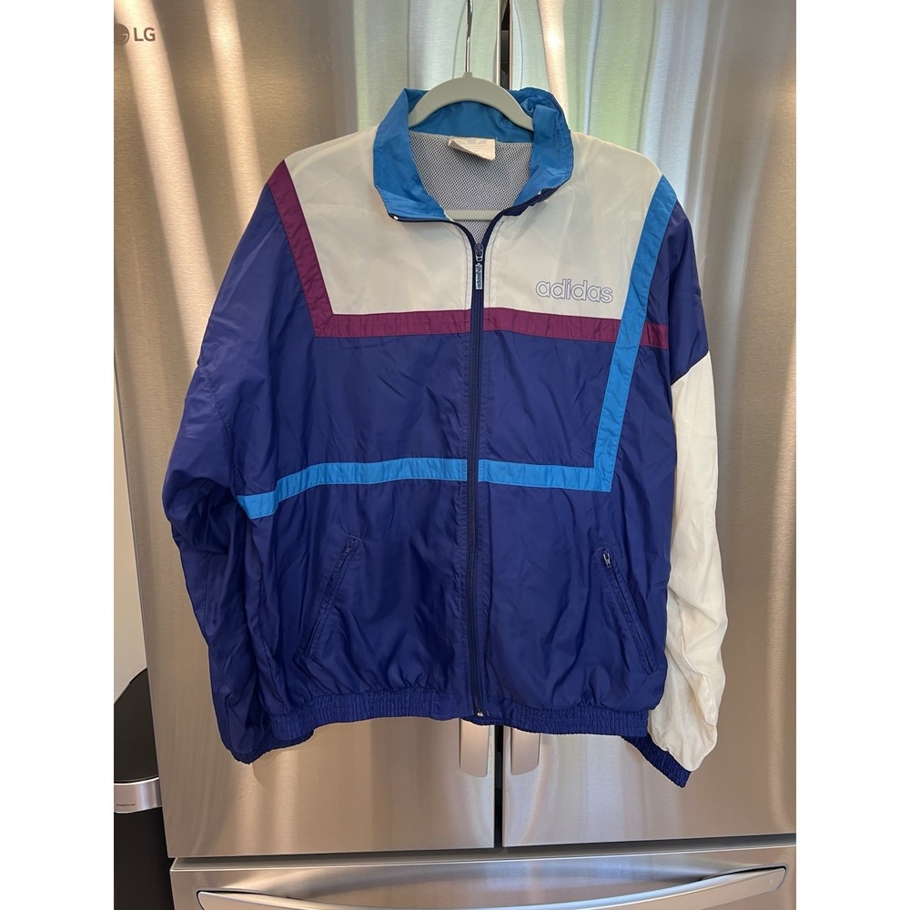 Vintage Adidas Windbreaker Jacket Men's Large Blue Colorblock Full Zip Retro 80s